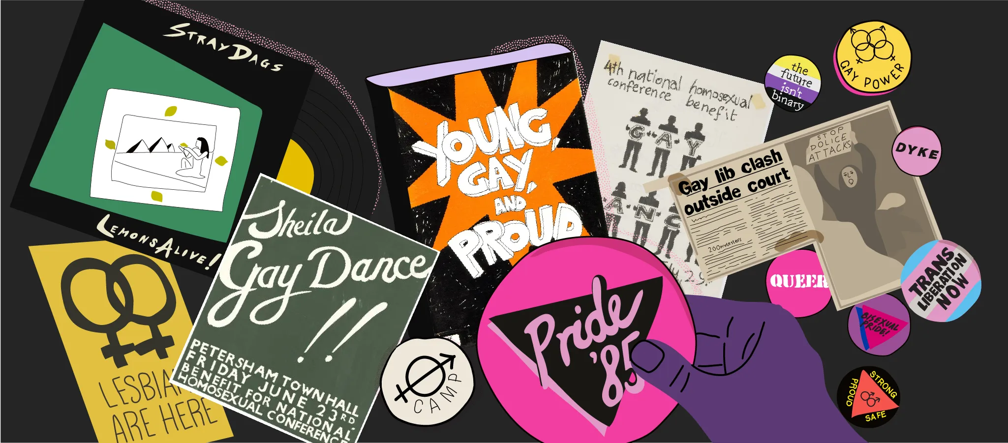 A collage of Pride and LGBTQIA+ campaign badges, record and book covers, posters and newspaper clippings.