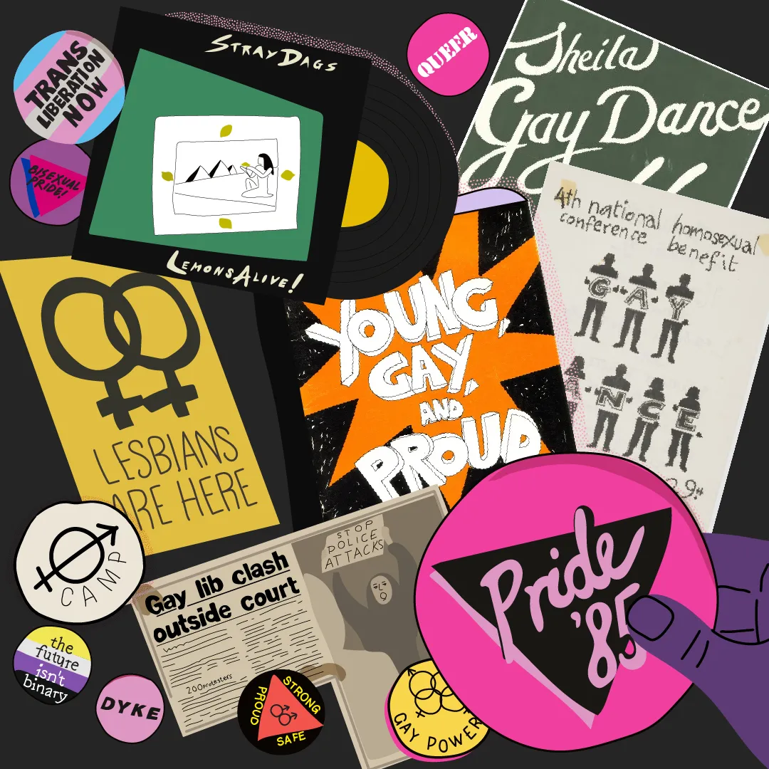 A collage of Pride and LGBTQIA+ campaign badges, record and book covers, posters and newspaper clippings.